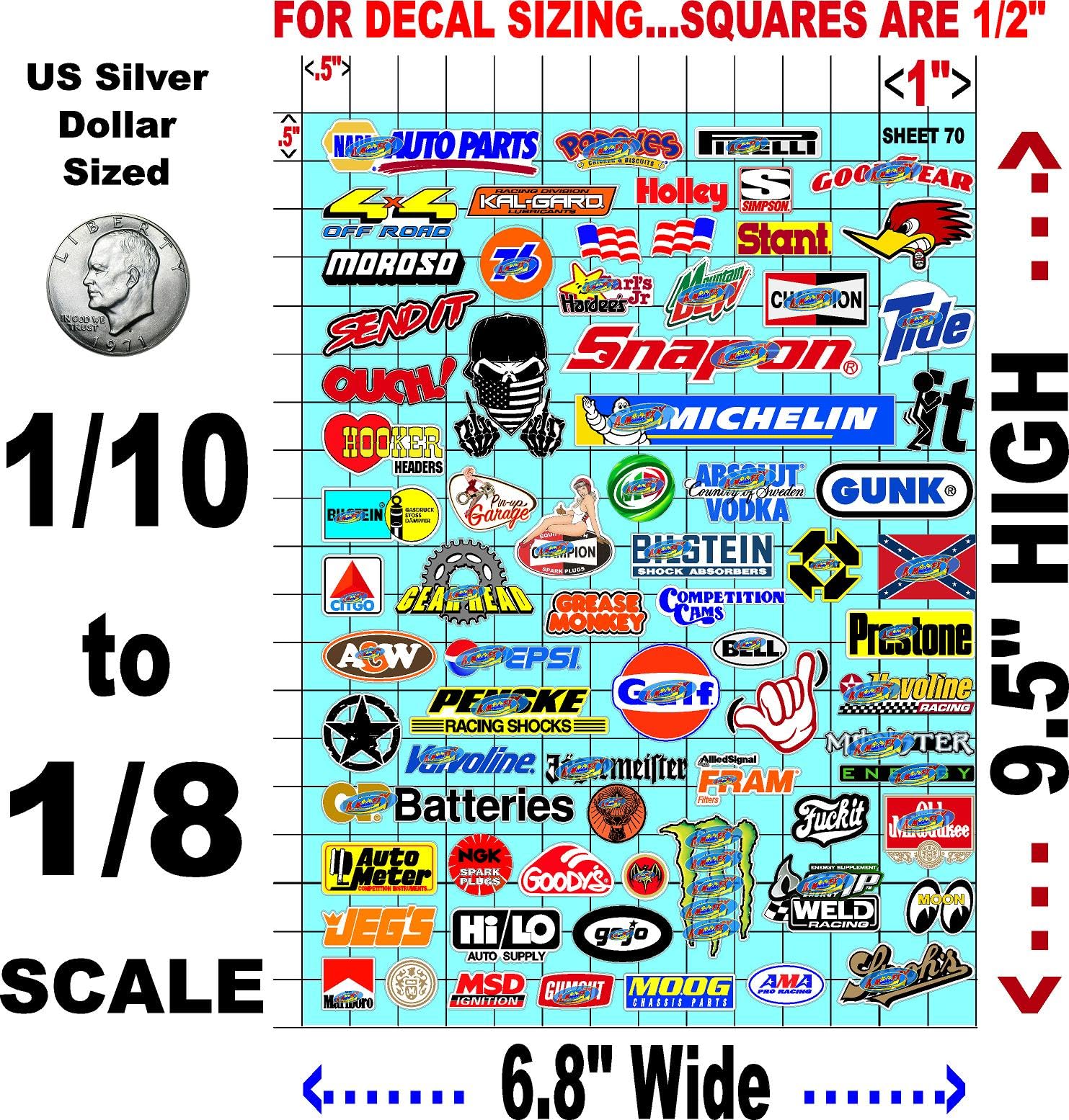 Clear Vinyl Sticker Large 6.8" x 9.2"h Sheet 70-1/8 to 1/10th Scale R/C Model Decal Sticker Sheet Radio Control Lexan Body