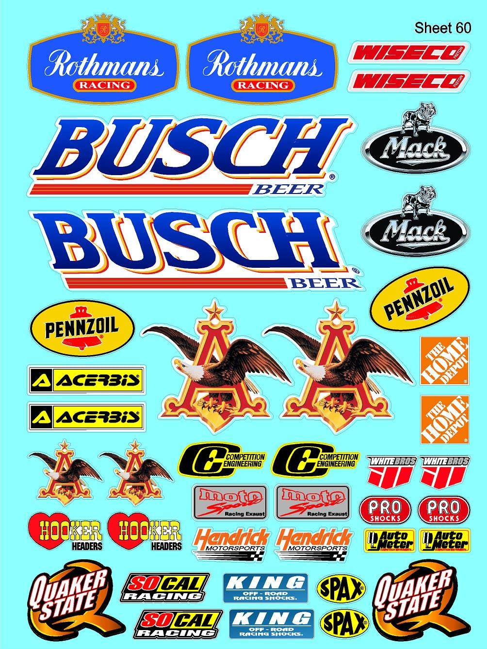 White Vinyl R/C Racing Sponsor Sticker Gang Sheet 60-1/8th � 1/10th Scale Model Decal Sticker Sheet R/C Lexan Body - Decorate Your R/c Cars, Boats, Truck Model � Die-Cut to Shape - Peel & Stick