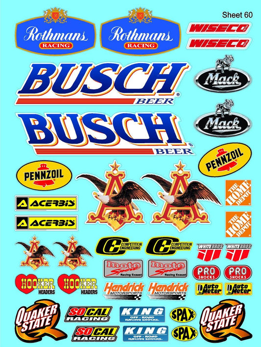 White Vinyl R/C Racing Sponsor Sticker Gang Sheet 60-1/4-1/5 � 1/6th Scale Model Decal Sticker Sheet Radio Control Lexan Body � Die-Cut to Shape - Peel & Stick � Water Slide - Roth - Stickers
