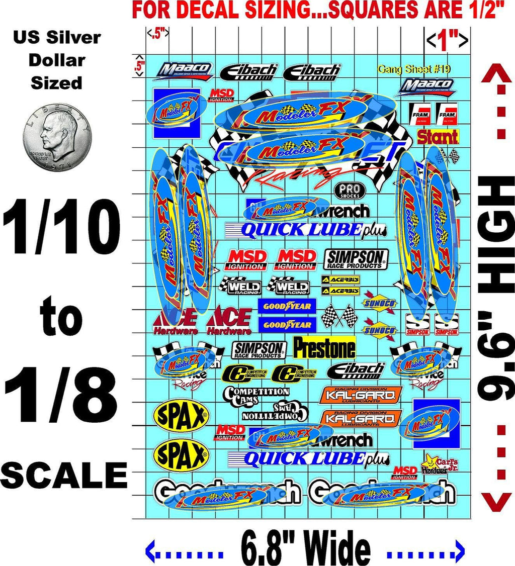 White Vinyl R/C Racing Sponsor Sticker Gang Sheet 19-1/8th � 1/10th Scale Model Decal Sticker Sheet R/C Lexan Body - Decorate Your R/c Cars, Boats, Truck Model � Die-Cut to Shape - Peel & Stick