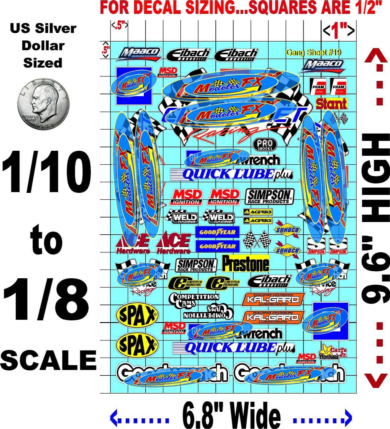 White Vinyl R/C Racing Sponsor Sticker Gang Sheet 19-1/8th � 1/10th Scale Model Decal Sticker Sheet R/C Lexan Body - Decorate Your R/c Cars, Boats, Truck Model � Die-Cut to Shape - Peel & Stick