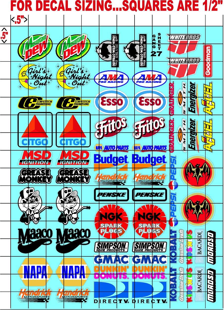 Sponsor Racing Sticker Gang Sheet 27-1/10 Scale White Vinyl R/C Model Decal Sticker Sheet Radio Control Lexan Body - Decorate Your R/c Cars, Boats, Trucks Along with Any Other Scale Model Kit.