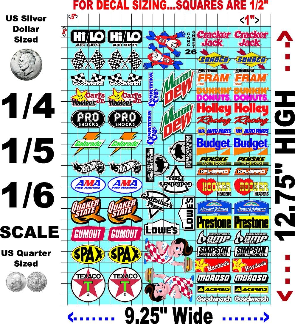 White Vinyl R/C Racing Sponsor Sticker Gang Sheet 26-1/4-1/5 � 1/6th Scale Model Decal Sticker Sheet Radio Control Lexan Body � Die-Cut to Shape - Peel & Stick � Water Slide Donuts