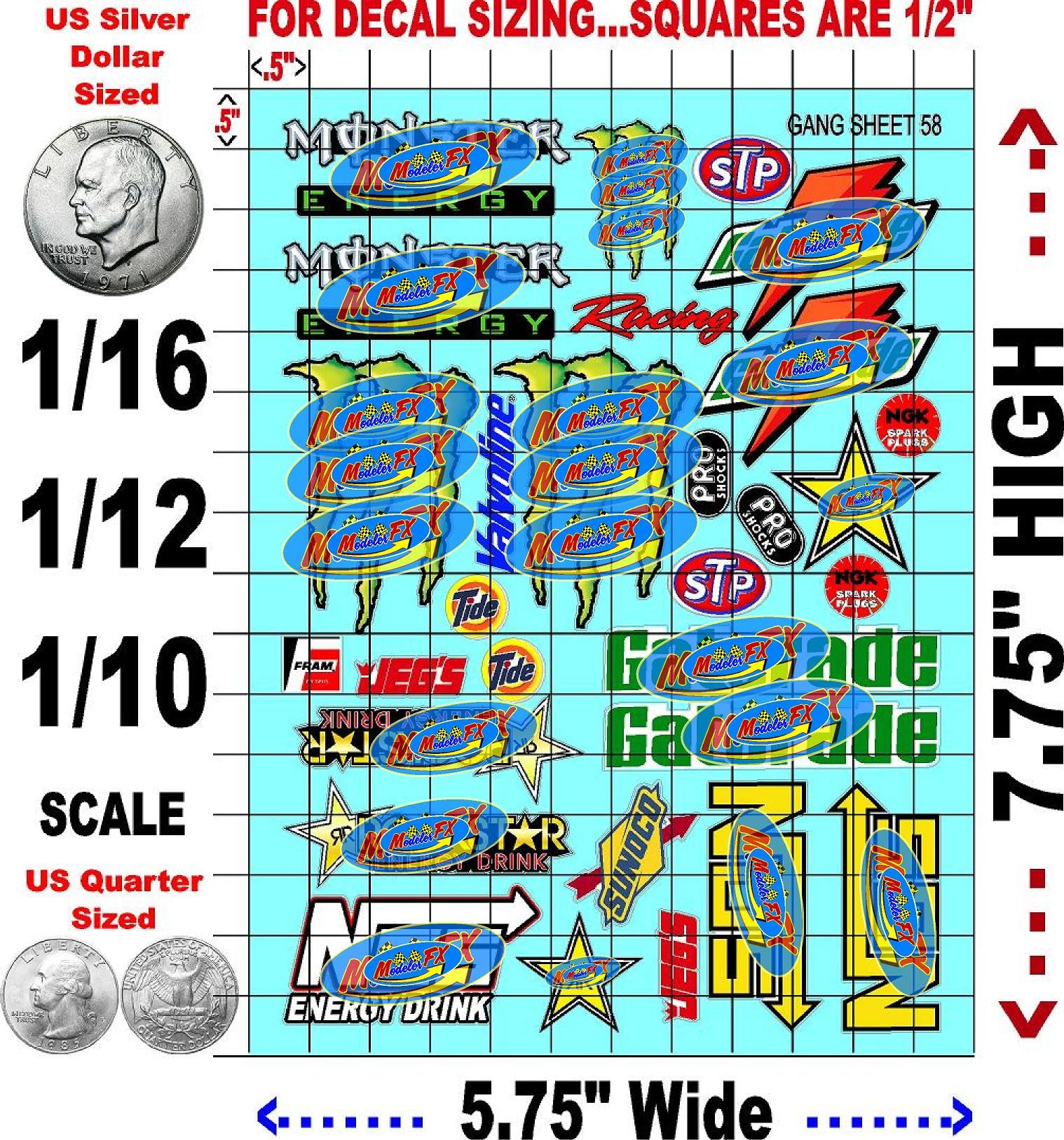Racing Sponsor Sticker Gang Sheet 58-1/16-1/12-1/10th Scale White Vinyl R/C Model Decal Sticker Sheet Radio Control Lexan Body - Decorate Your R/c Cars, Boats, Trucks Other Scale Model Kit.