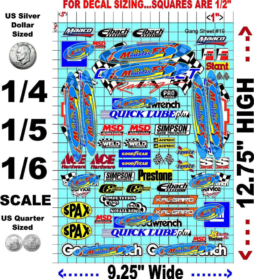 Clear Vinyl R/C Racing Sponsor Sticker Gang Sheet 19-1/4-1/5 � 1/6th Scale Model Decal Sticker Sheet Radio Control Lexan Body � Die-Cut to Shape - Peel & Stick � Water Slide Old Car