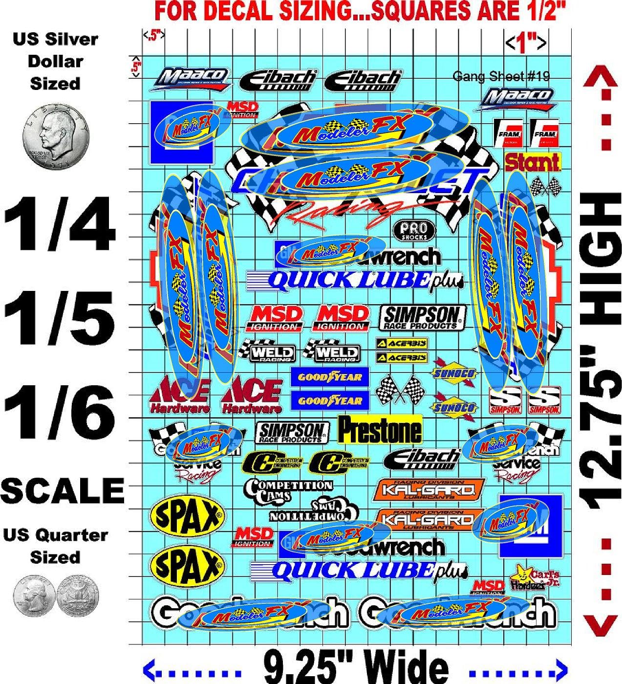 Clear Vinyl R/C Racing Sponsor Sticker Gang Sheet 19-1/4-1/5 � 1/6th Scale Model Decal Sticker Sheet Radio Control Lexan Body � Die-Cut to Shape - Peel & Stick � Water Slide Old Car