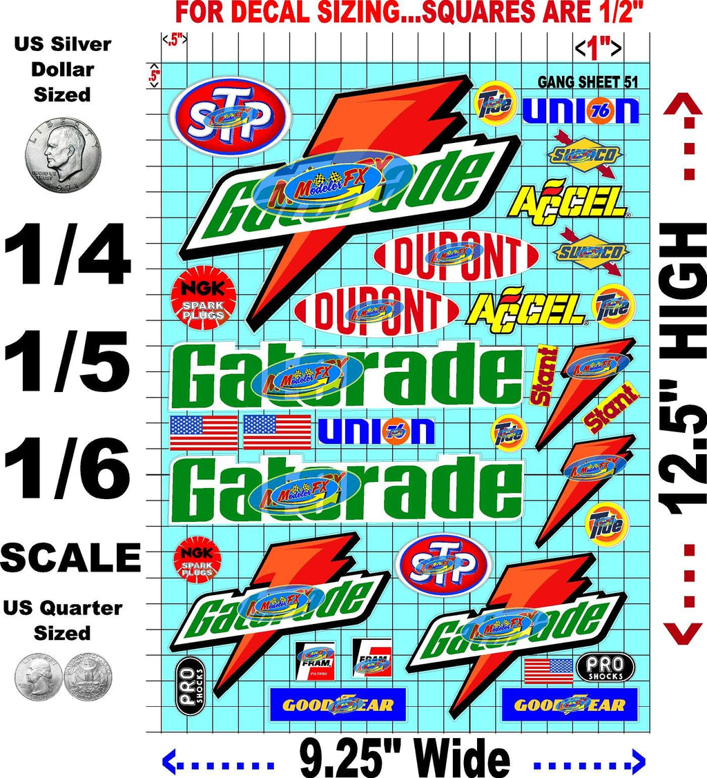 Clear Vinyl R/C Racing Sponsor Sticker Gang Sheet 51-1/4-1/5 � 1/6th Scale Model Decal Sticker Sheet Radio Control Lexan Body � Die-Cut to Shape - Peel & Stick � Water Slide - Sports Drink