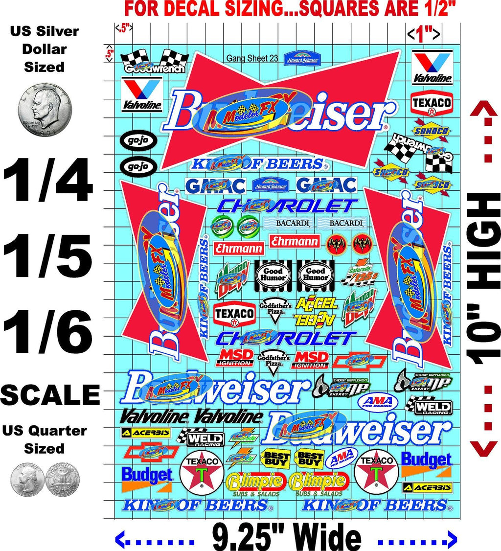 Clear Vinyl R/C Racing Sponsor Sticker Gang Sheet 23-1/4-1/5 � 1/6th Scale Model Decal Sticker Sheet Radio Control Lexan Body � Die-Cut to Shape - Peel & Stick � Water Slide Bud