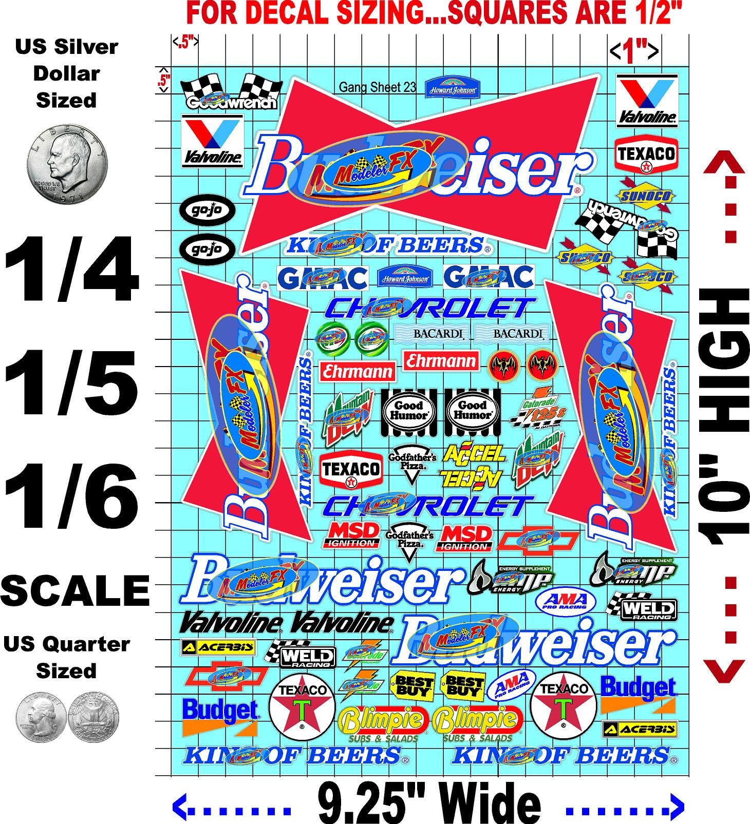 White Vinyl R/C Racing Sponsor Sticker Gang Sheet 23-1/4-1/5 � 1/6th Scale Model Decal Sticker Sheet Radio Control Lexan Body � Die-Cut to Shape - Peel & Stick � Water Slide Beer