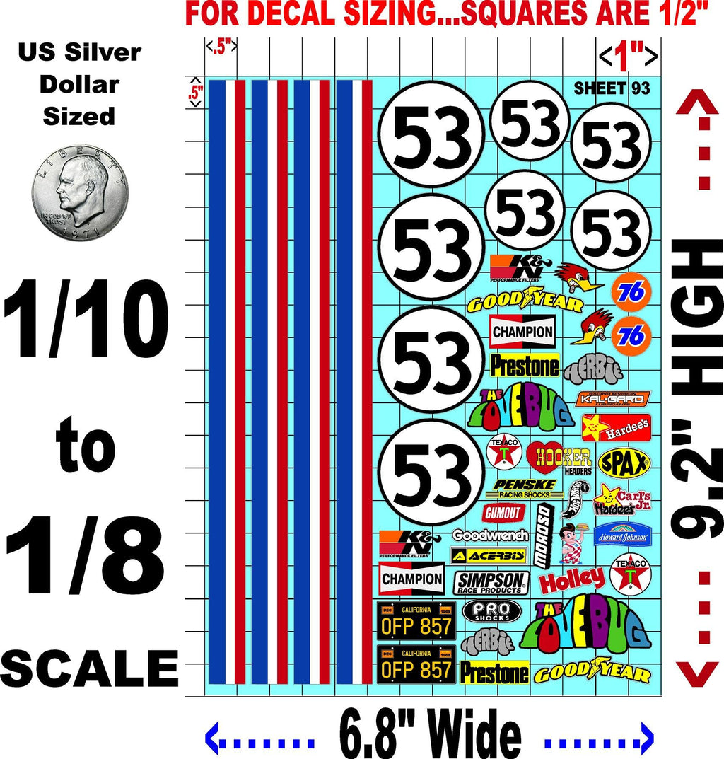 Clear Vinyl Sticker Variety Sheet Herbie 93 Love Bug-1/10th - 1/8th Scale Large 6.8" x 9.2"h Vinyl R/C Model Decal Sticker Sheet Radio Control Lexan Body