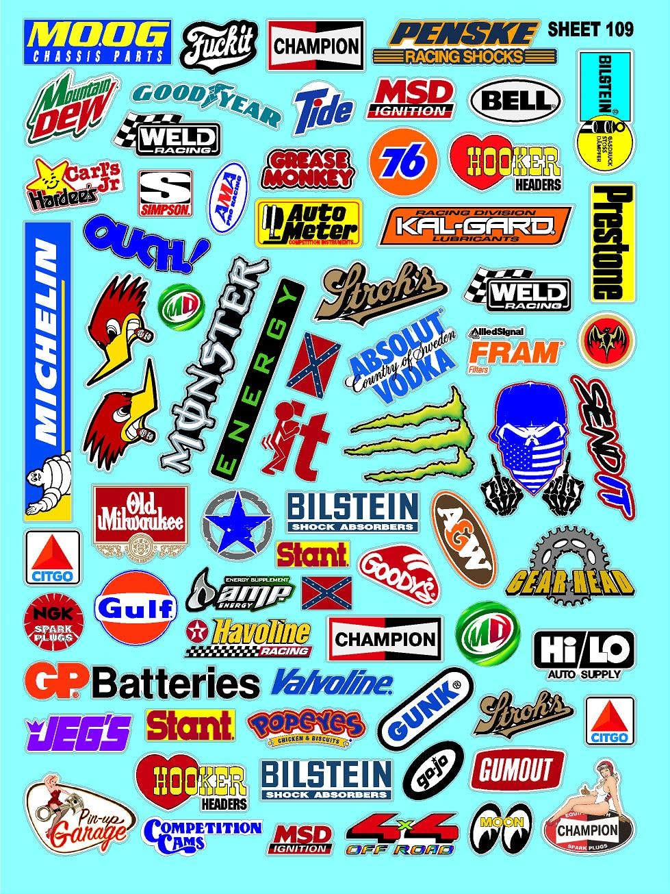 Clear Vinyl Sheet 109 Variety R/C Racing Sponsor Sticker Gang Sheet Good -1/24 � 1/16th Scale Model Decal Sticker Sheet Radio Control Lexan Body � Die-Cut to Shape - Peel & Stick � Water Slide