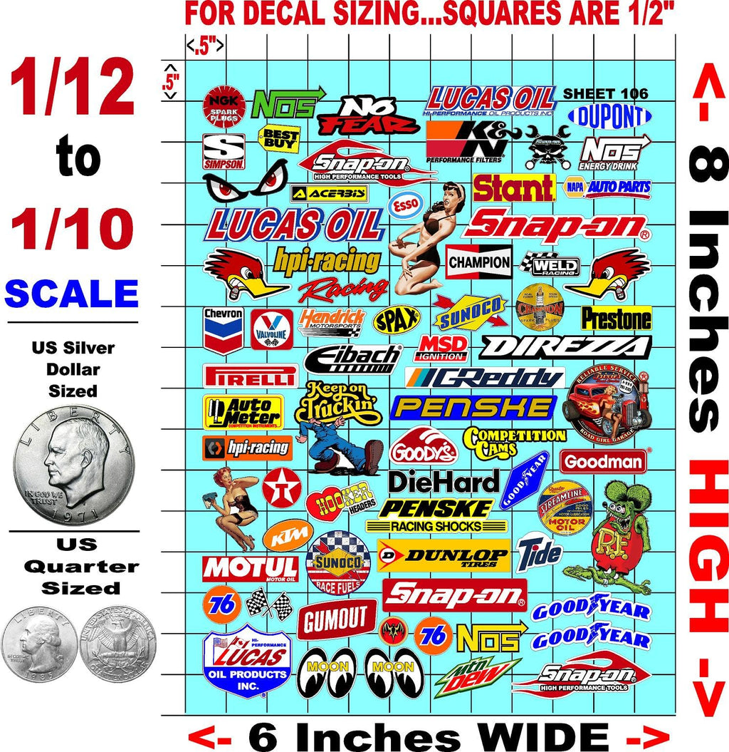 Generic Clear Vinyl Sticker Variety Sheet 106 Variety - 1/12 to 1/10th Scale R/C Model Decal Sticker Sheet Radio Control Lexan Body