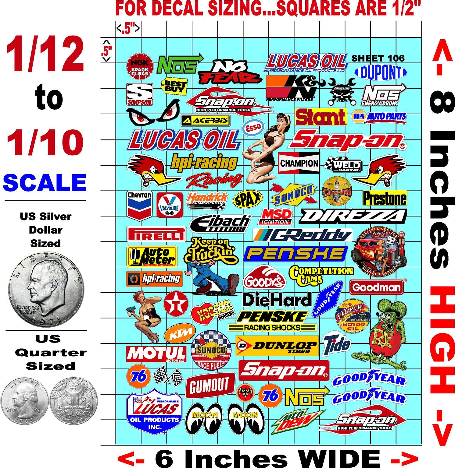 Generic Clear Vinyl Sticker Variety Sheet 106 Variety - 1/12 to 1/10th Scale R/C Model Decal Sticker Sheet Radio Control Lexan Body