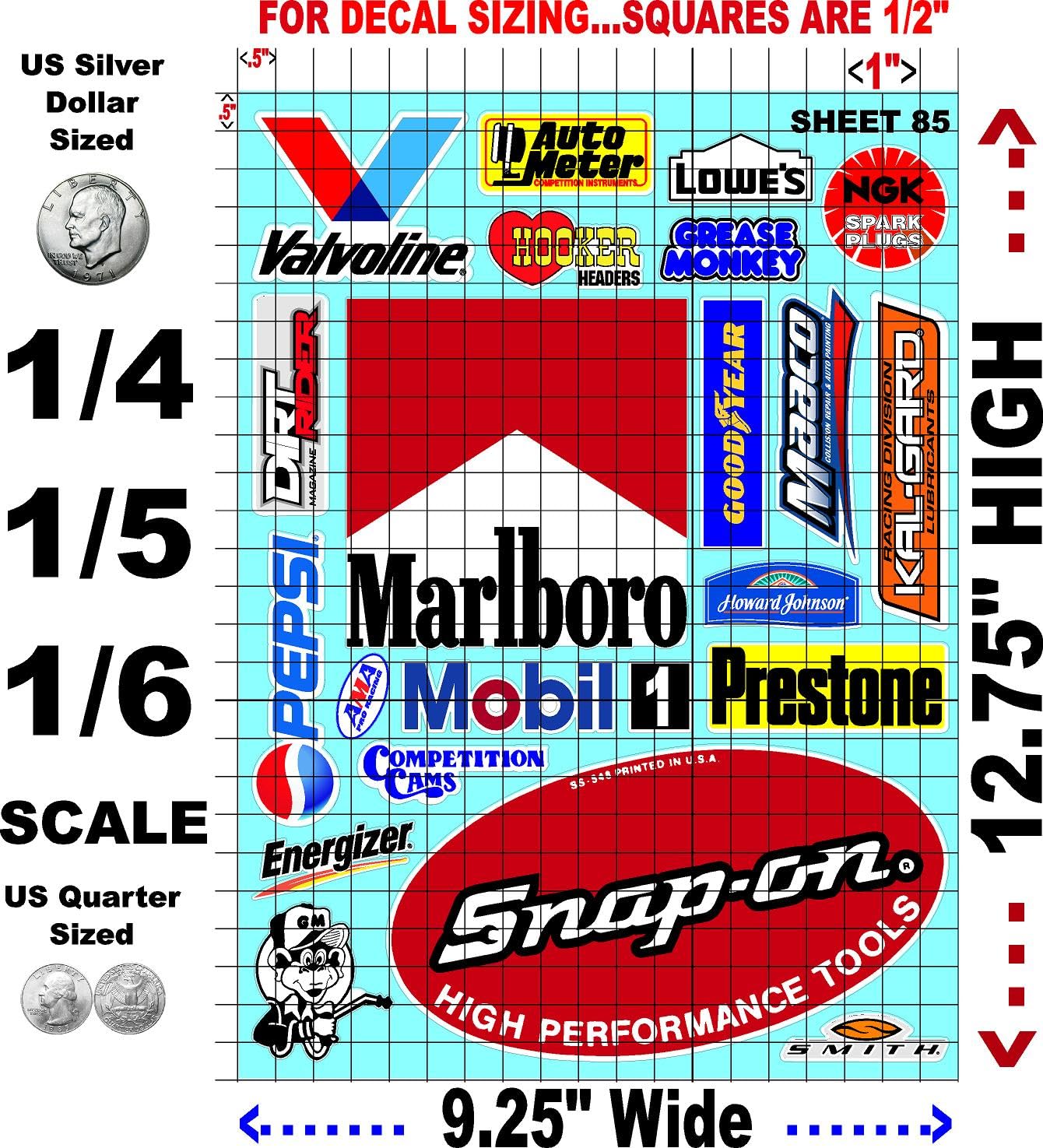 White Vinyl Sheet 85 R/C Racing Sponsor Sticker Gang Sheet Wrench -1/4-1/5 � 1/6th Scale Model Decal Sticker Sheet Radio Control Lexan Body � Die-Cut to Shape - Peel & Stick � Water Slide - Car