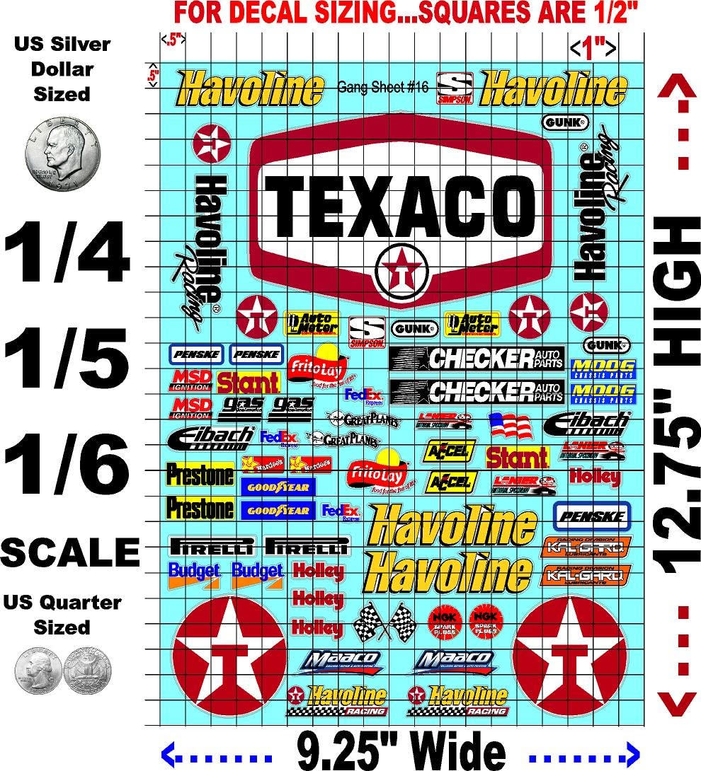Clear Vinyl R/C Racing Sponsor Sticker Gang Sheet 16-1/4-1/5 � 1/6th Scale Model Decal Sticker Sheet Radio Control Lexan Body � Die-Cut to Shape - Peel & Stick � Water Slide - Gas - Station