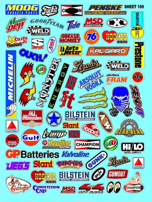 Clear Sheet 109 Variety Vinyl R/C Racing Sponsor Sticker Gang Sheet-1/4-1/5-1/6th Scale Decal Sticker Radio Control Lexan Body�Die-Cut to Shape-Peel & Stick�Water Slide