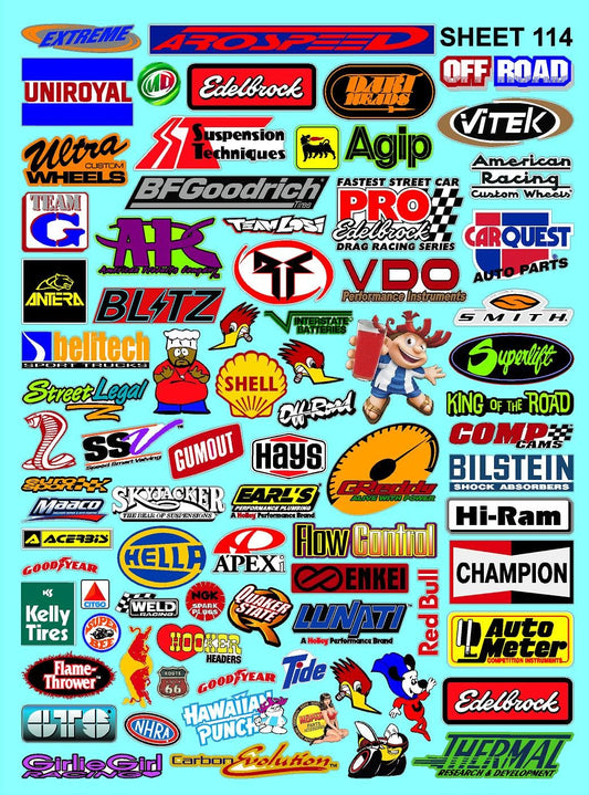 White Vinyl Sticker Sheet 114 Variety-1/10th - 1/8th Scale Large 6.8" x 9.2"h Vinyl R/C Model Decal Sticker Sheet Radio Control Lexan Body