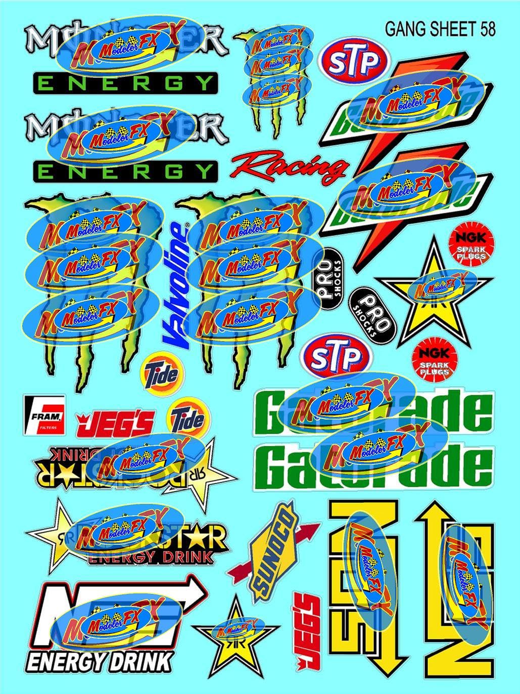 Racing Sponsor Sticker Gang Sheet 58-1/16-1/12-1/10th Scale White Vinyl R/C Model Decal Sticker Sheet Radio Control Lexan Body - Decorate Your R/c Cars, Boats, Trucks Other Scale Model Kit.