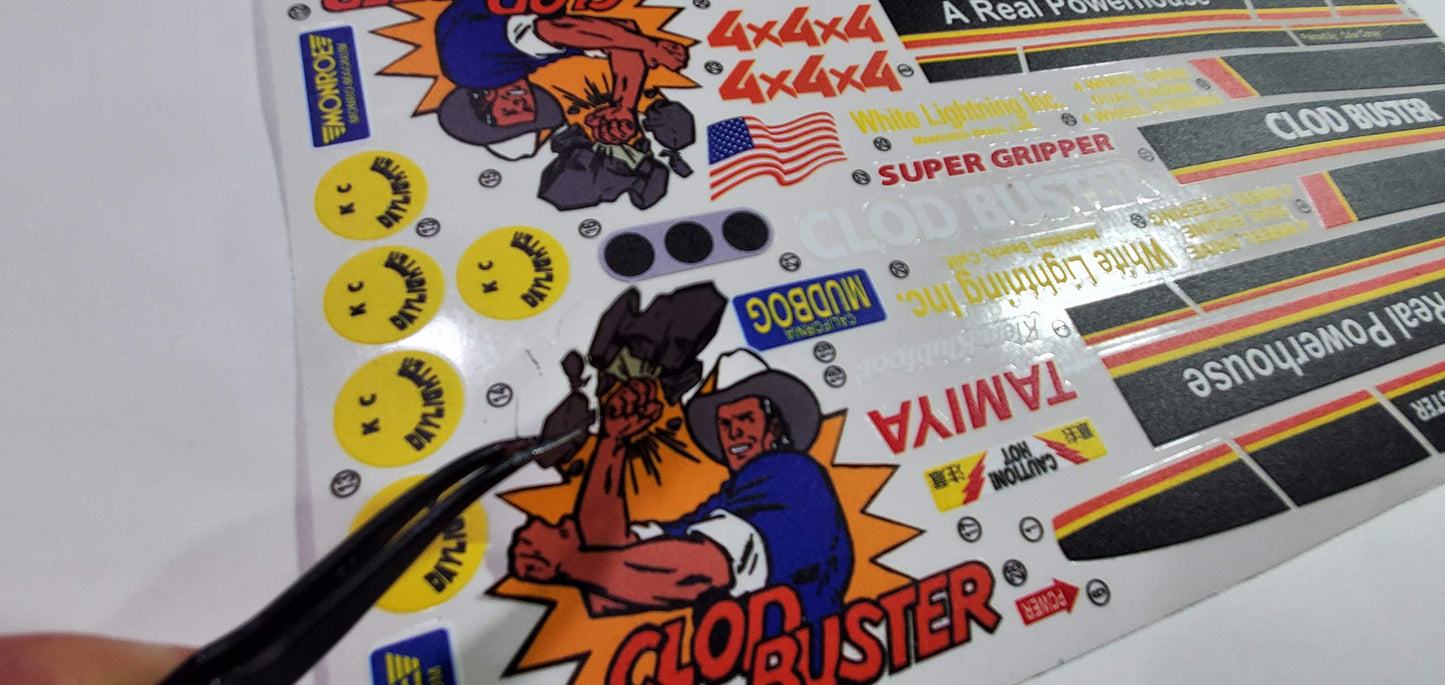 Generic Tamiya Clod Buster Decal Sticker Sheet Reproduction -1/10 Scale on Clear Vinyl R/C Model Decal Sticker Sheet Radio Control Lexan Body - Decorate Your R/c Trucks