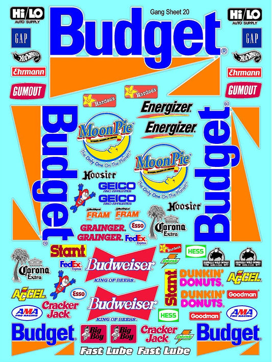 Clear Vinyl R/C Racing Sponsor Sticker Gang Sheet 20-1/24 � 1/16th Scale Model Decal Sticker Sheet Radio Control Lexan Body � Die-Cut to Shape - Peel & Stick � Water Slide