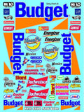 Vinyl R/C Racing Sponsor Sticker Gang Sheet 20 Budget -1/4-1/5 � 1/6th Scale Model Decal Sticker Sheet Radio Control Lexan Body � Die-Cut to Shape - Peel & Stick � Water Slide Rental (Clear)