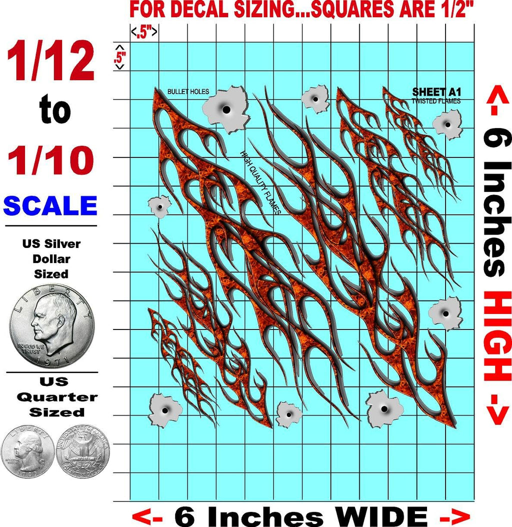 Clear Vinyl Sticker Variety Sheet Twisted Flames A1-1/12 to 1/10th Scale R/C Model Decal Sticker Sheet Radio Control Lexan Body
