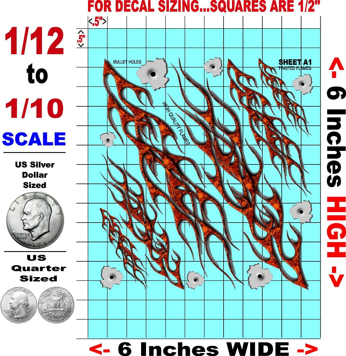 Clear Vinyl Sticker Variety Sheet Twisted Flames A1-1/12 to 1/10th Scale R/C Model Decal Sticker Sheet Radio Control Lexan Body