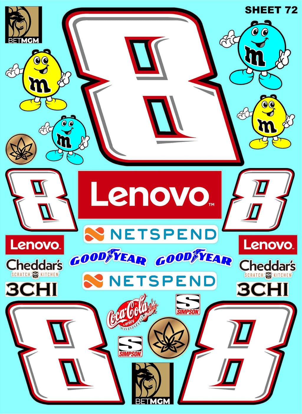 White Vinyl Sheet 72 R/C Racing Sponsor Sticker Gang Sheet Wrench -1/4-1/5 � 1/6th Scale Model Decal Sticker Sheet Radio Control Lexan Body � Die-Cut to Shape - Peel & Stick � Water Slide - Car