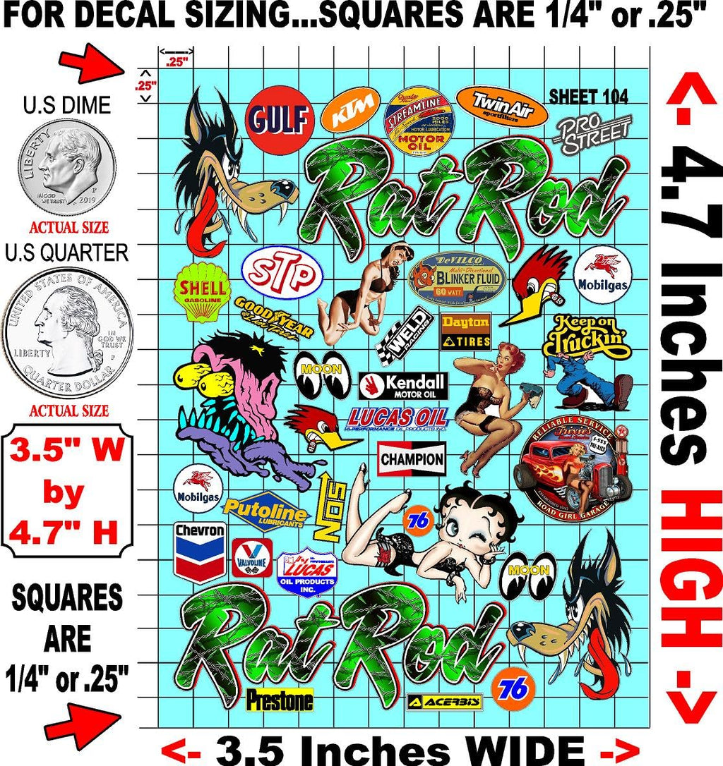 Generic Clear Vinyl 104 Rat Rod -R/C Racing Sponsor Sticker Gang Sheet Good -1/24 � 1/16th Scale Model Decal Sticker Sheet Radio Control Lexan Body � Die-Cut to Shape - Peel & Stick � Water Slide