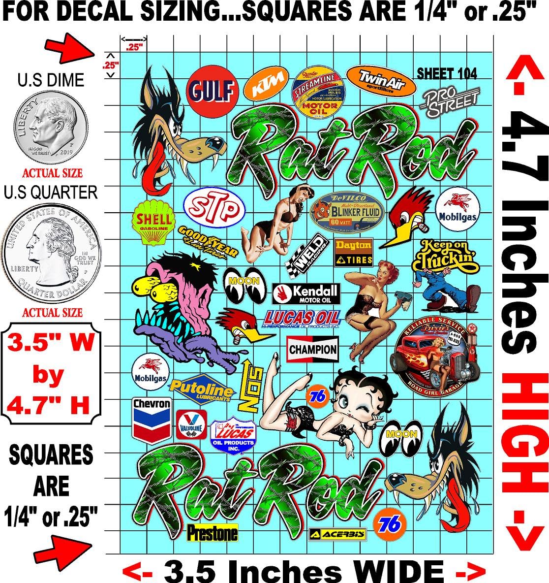 Generic Clear Vinyl 104 Rat Rod -R/C Racing Sponsor Sticker Gang Sheet Good -1/24 � 1/16th Scale Model Decal Sticker Sheet Radio Control Lexan Body � Die-Cut to Shape - Peel & Stick � Water Slide