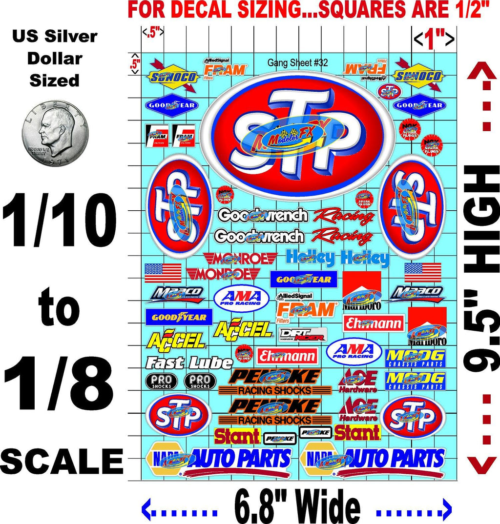 Clear Vinyl R/C Racing Sponsor Sticker GangSTP Sheet 32-1/8th – 1/10th Scale Model Decal Sticker Sheet R/C Lexan Body - Decorate Your R/c Cars, Boats, Truck Model – Die-Cut to Shape - Peel & Stick
