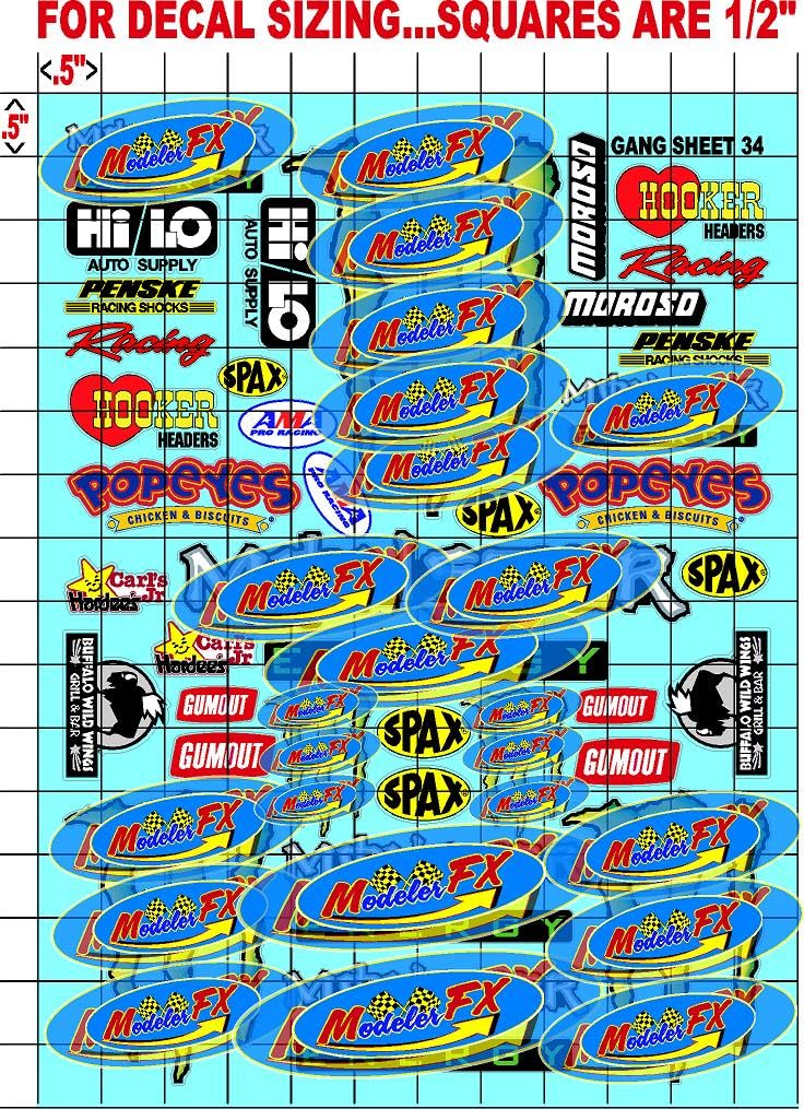 Racing Sponsor Lexan Body Car Racing - Sticker Gang Sheet 34 - White Vinyl 1/12 to 1/10 Scale White Vinyl R/C Model Decal Sticker Sheet Radio Control Lexan Body Wood Pine