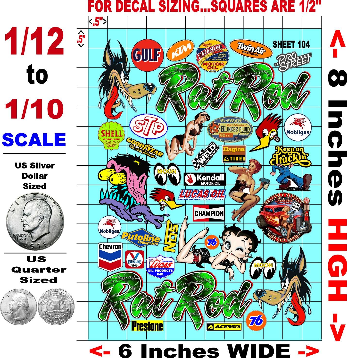 Racing Sponsor Sticker Gang Sheet 104 Rat ROD-1/16-1/12-1/10th Scale White Vinyl R/C Model Decal Sticker Sheet Radio Control Lexan Body - Decorate Your R/c Cars, Boats, Trucks Other Scale Model Kit.