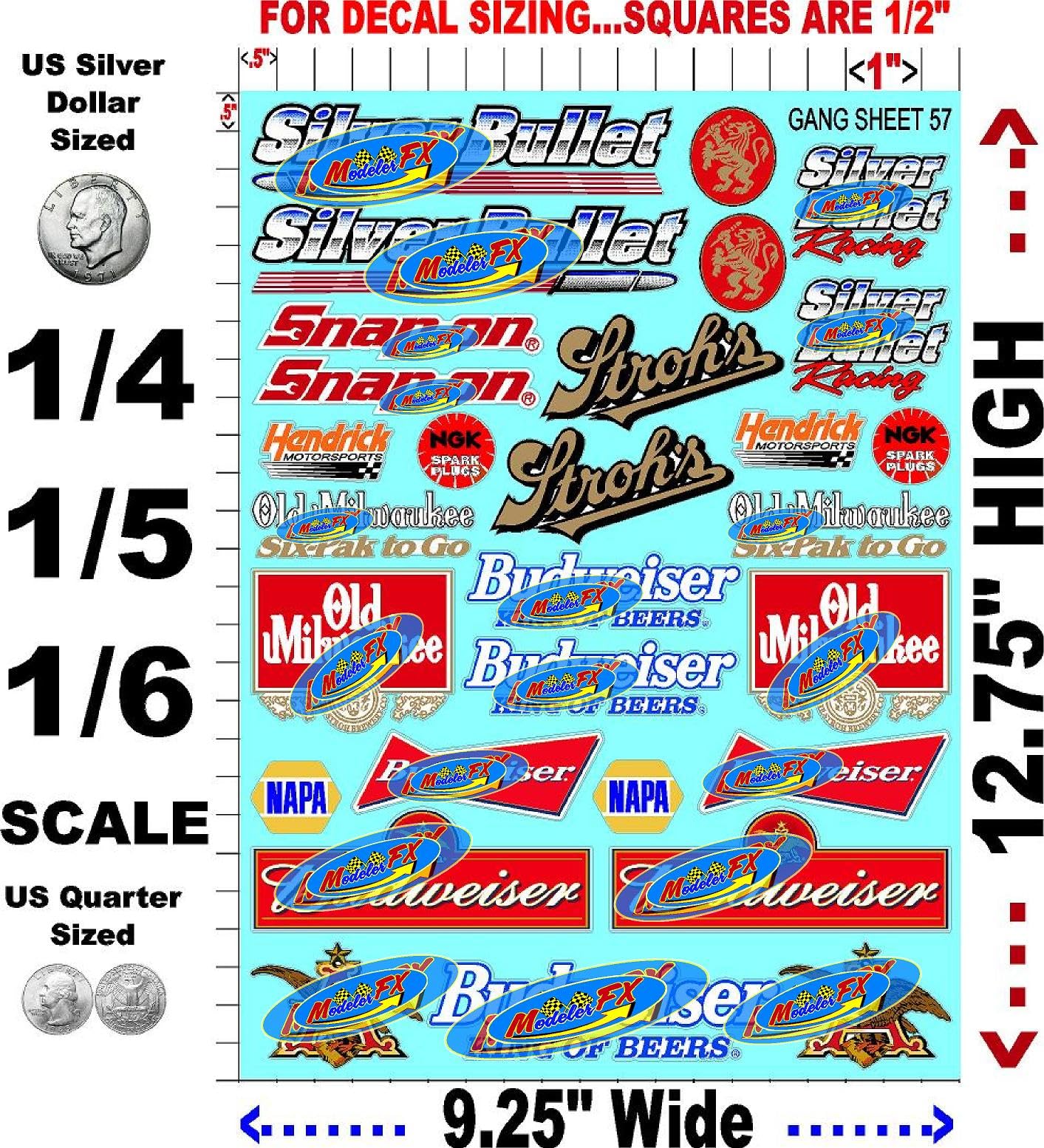 White Vinyl R/C Racing Sponsor Sticker Gang Sheet 57-1/4-1/5 � 1/6th Scale Model Decal Sticker Sheet Radio Control Lexan Body � Die-Cut to Shape - Peel & Stick � Water Slide - Beer