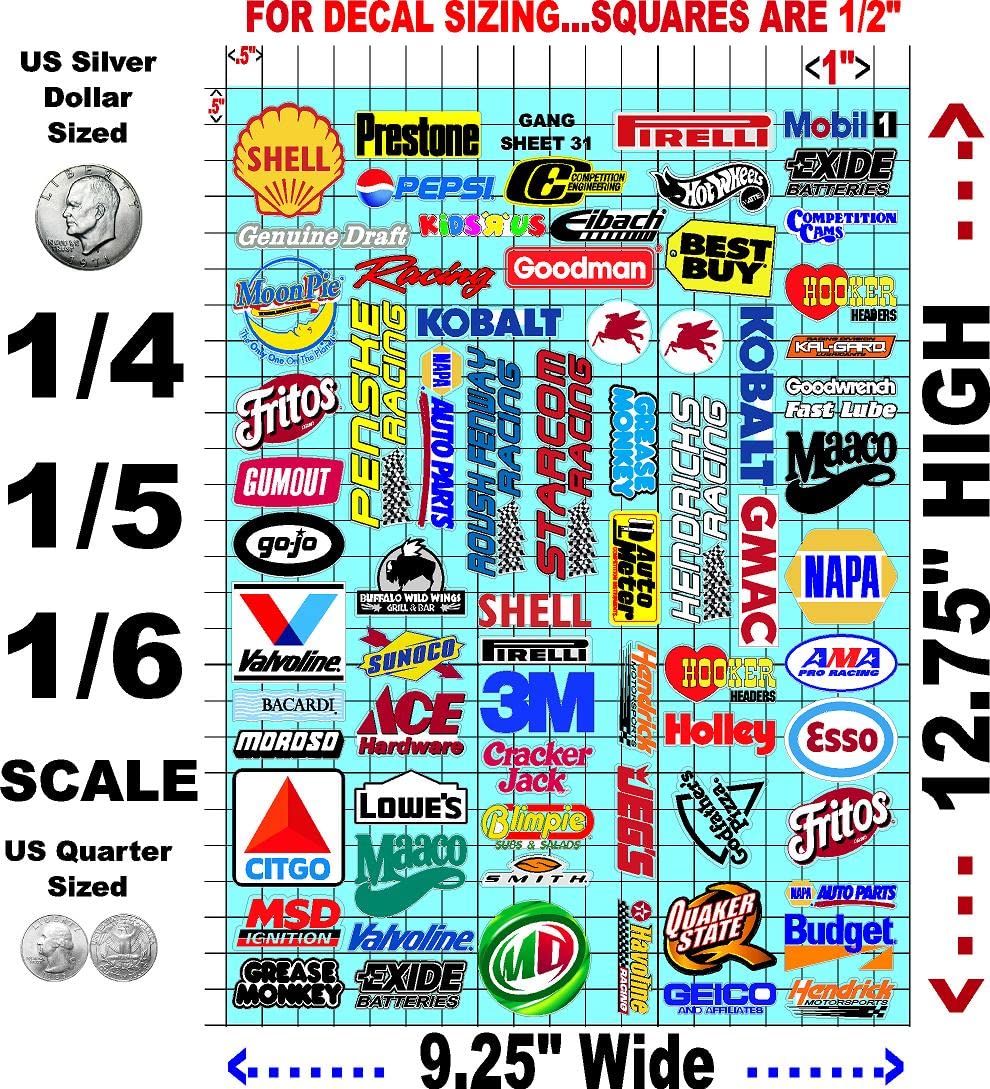 White Vinyl R/C Racing Sponsor Sticker Gang Sheet 31-1/4-1/5 � 1/6th Scale Model Decal Sticker Sheet Radio Control Lexan Body � Die-Cut to Shape - Peel & Stick � Water Slide Ace