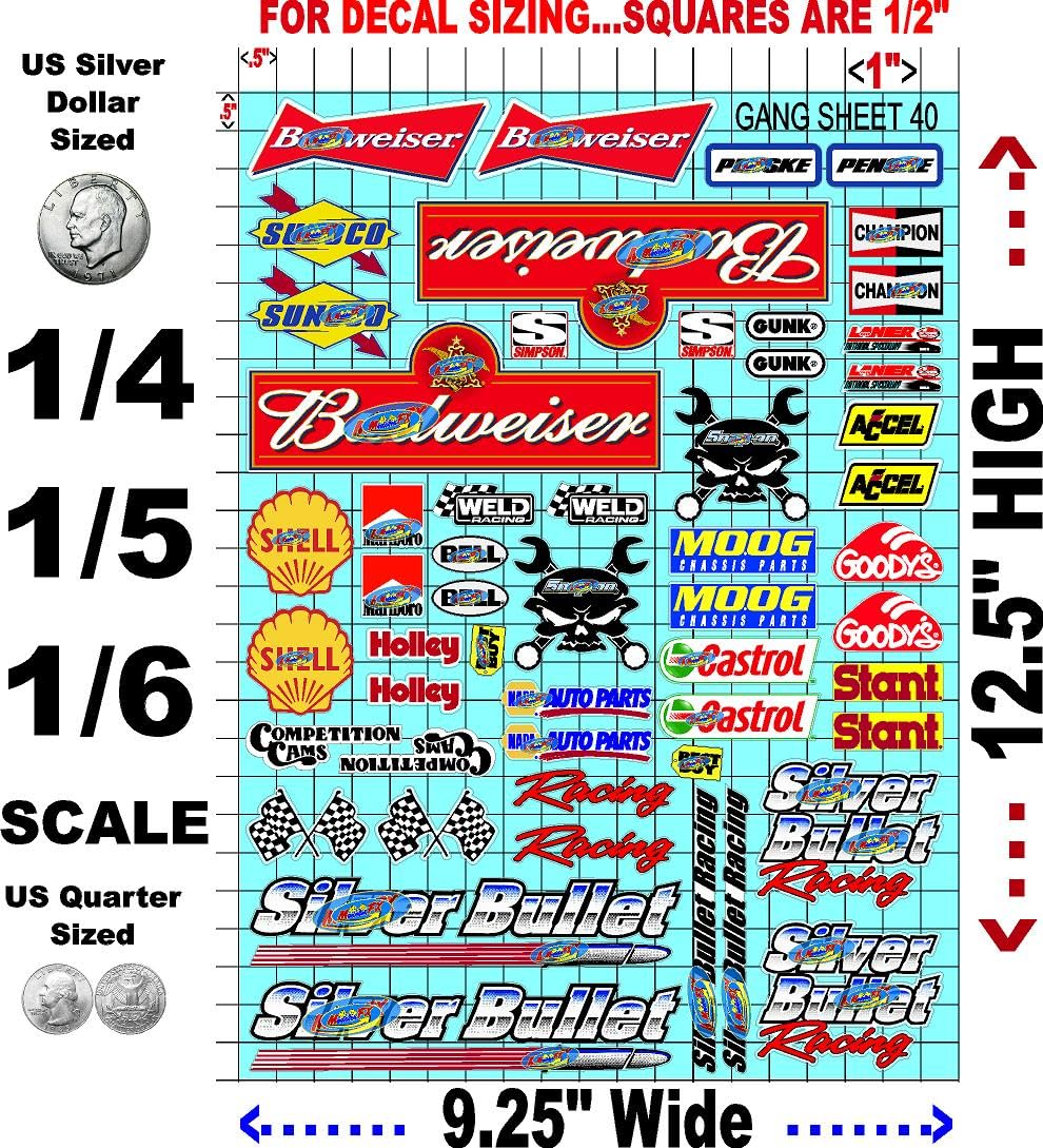 White Vinyl R/C Racing Sponsor Sticker Gang Sheet 40-1/4-1/5 – 1/6th Scale Model Decal Sticker Sheet Radio Control Lexan Body – Die-Cut to Shape - Peel & Stick – Water Slide 80's