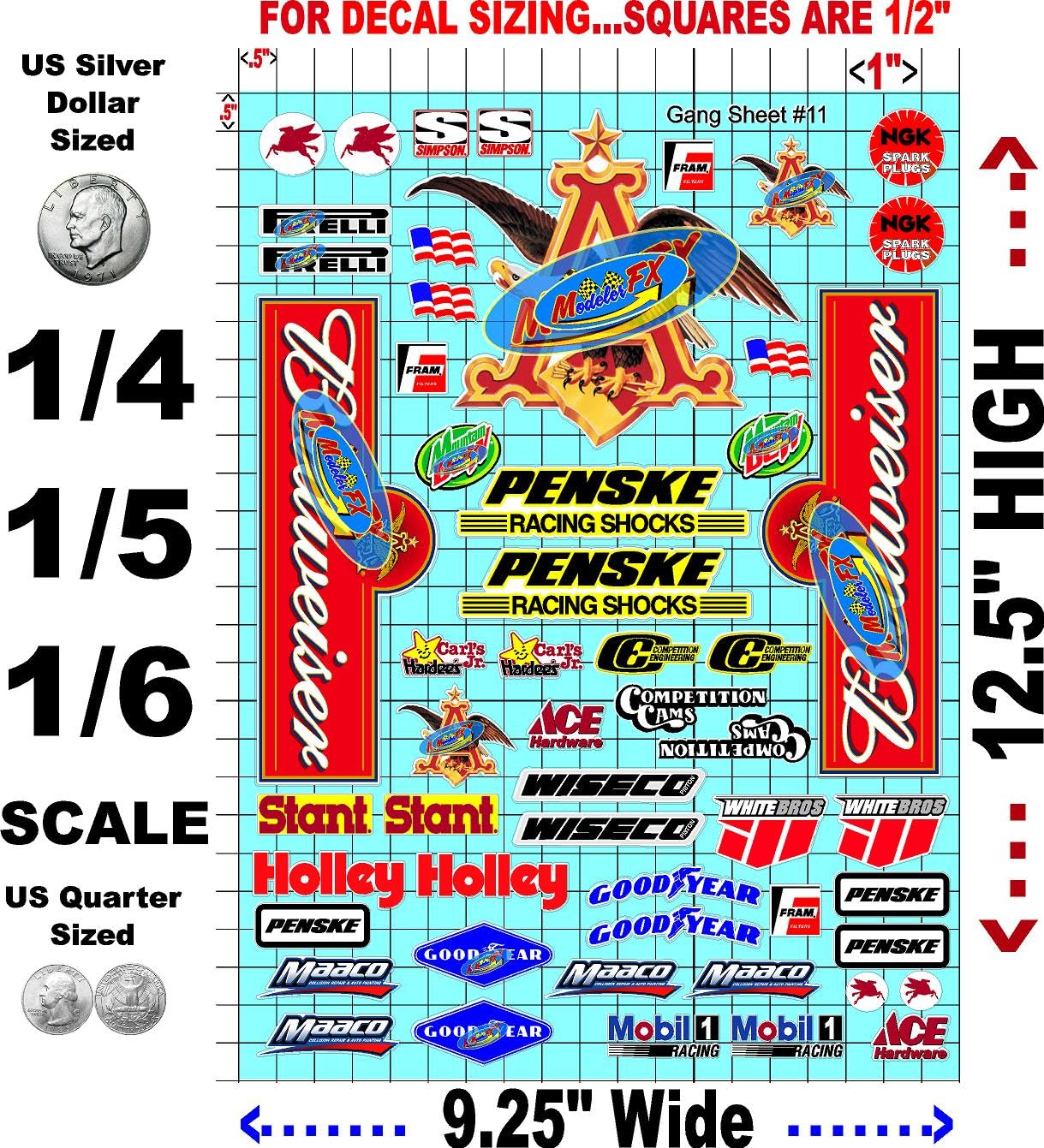 White Vinyl Sheet 11 R/C Racing Sponsor Sticker Gang Sheet Wrench-1/4-1/5�1/6th Scale Model Decal Sticker Sheet Radio Control Lexan Body-Die-Cut to Shape-Peel & Stick�Water Slide-Car