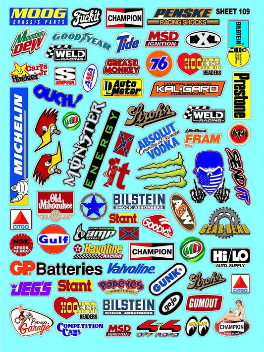 White Vinyl Sticker Sheet 109 Variety - 1/12 to 1/10th Scale R/C Model Decal Sticker Sheet Radio Control Lexan Body