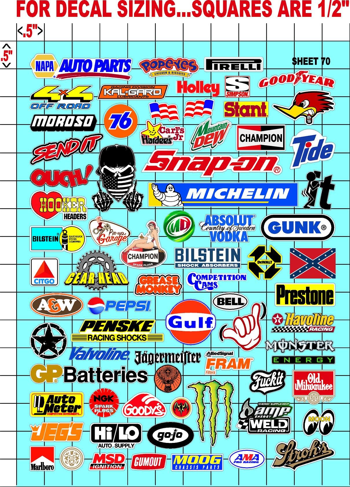 Racing Sponsor Lexan Body Car Racing - Sticker Gang Sheet 70 - White Vinyl 1/12 to 1/10 Scale White Vinyl R/C Model Decal Sticker Sheet Radio Control Lexan Body Decoration