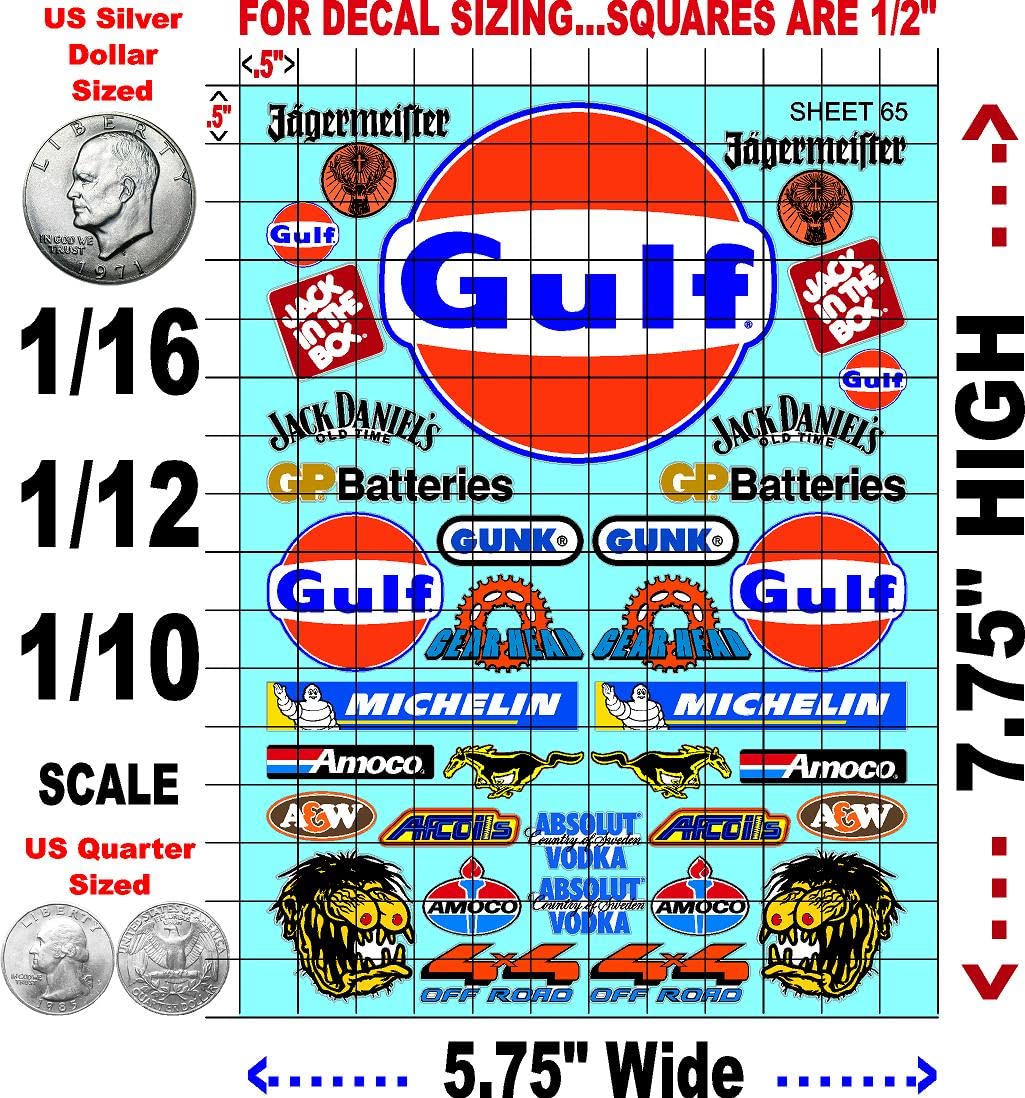 Gulf- Racing Sponsor Sticker Gang Sheet 65-1/16-1/12-1/10th Scale White Vinyl R/C Model Decal Sticker Sheet Radio Control Lexan Body - Decorate Your R/c Cars, Boats, Trucks Other Scale Model Kit.