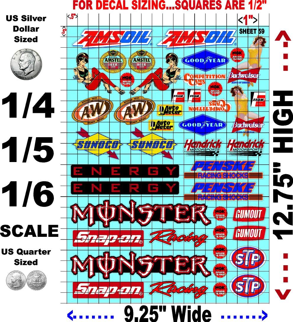 Clear Vinyl R/C Racing Sponsor Sticker Gang Sheet 59-1/4-1/5 � 1/6th Scale Model Decal Sticker Sheet Radio Control Lexan Body � Die-Cut to Shape - Peel & Stick � Water Slide - Oil - Antique