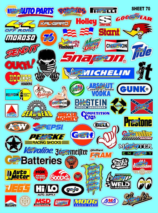 White Vinyl Sticker Large 6.8" x 9.2"h Sheet 70-1/8 to 1/10th Scale R/C Model Decal Sticker Sheet Radio Control Lexan Body