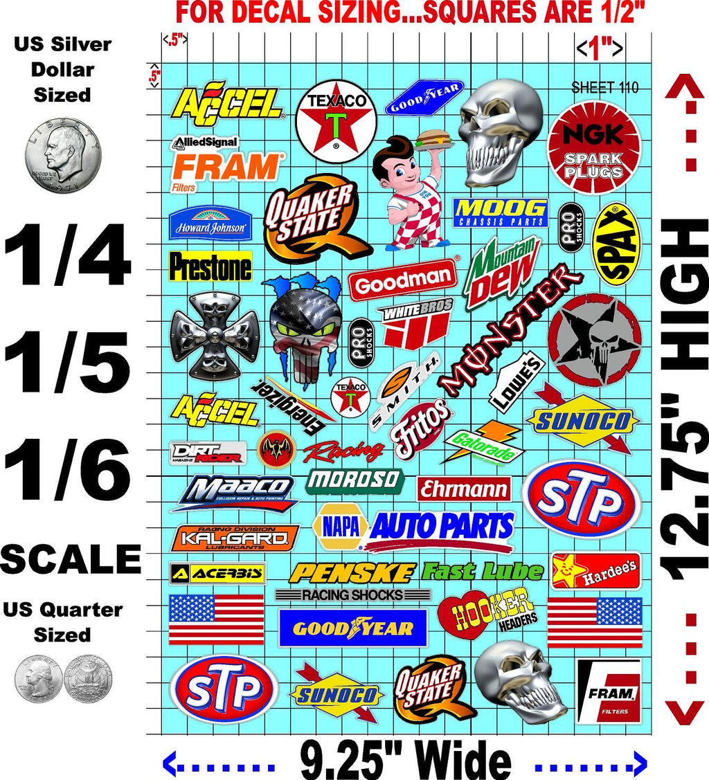 Clear Sheet 110 Variety Vinyl R/C Racing Sponsor Sticker Gang Sheet-1/4-1/5-1/6th Scale Decal Sticker Radio Control Lexan Body�Die-Cut to Shape-Peel & Stick�Water Slide