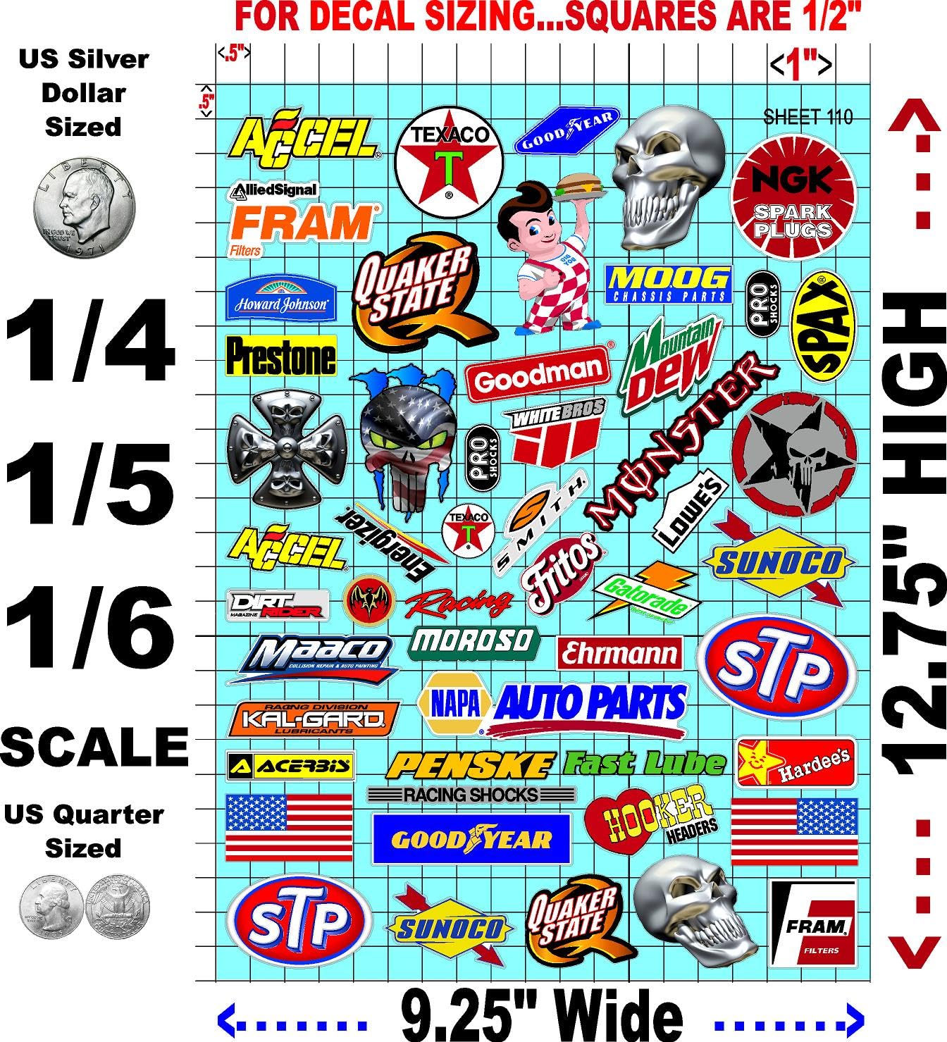 Clear Sheet 110 Variety Vinyl R/C Racing Sponsor Sticker Gang Sheet-1/4-1/5-1/6th Scale Decal Sticker Radio Control Lexan Body�Die-Cut to Shape-Peel & Stick�Water Slide