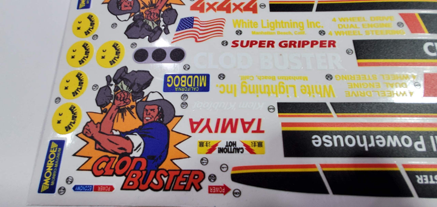 Generic Tamiya Clod Buster Decal Sticker Sheet Reproduction -1/10 Scale on Clear Vinyl R/C Model Decal Sticker Sheet Radio Control Lexan Body - Decorate Your R/c Trucks