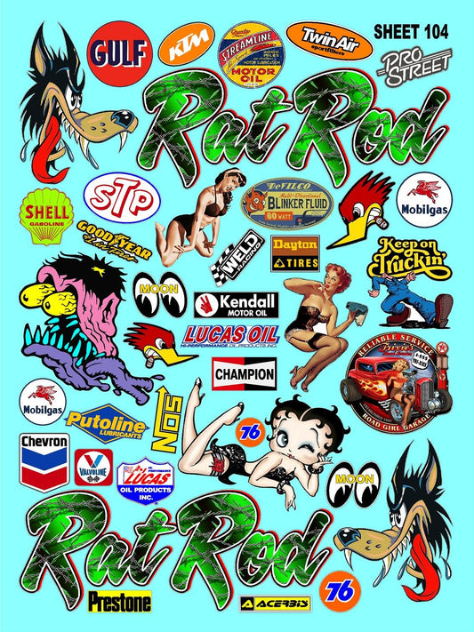 Racing Sponsor Sticker Gang Sheet 104 Rat ROD-1/16-1/12-1/10th Scale White Vinyl R/C Model Decal Sticker Sheet Radio Control Lexan Body - Decorate Your R/c Cars, Boats, Trucks Other Scale Model Kit.