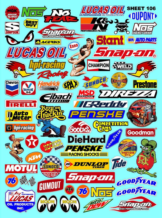 White Vinyl Sticker Sheet 106 Variety - 1/12 to 1/10th Scale R/C Model Decal Sticker Sheet Radio Control Lexan Body