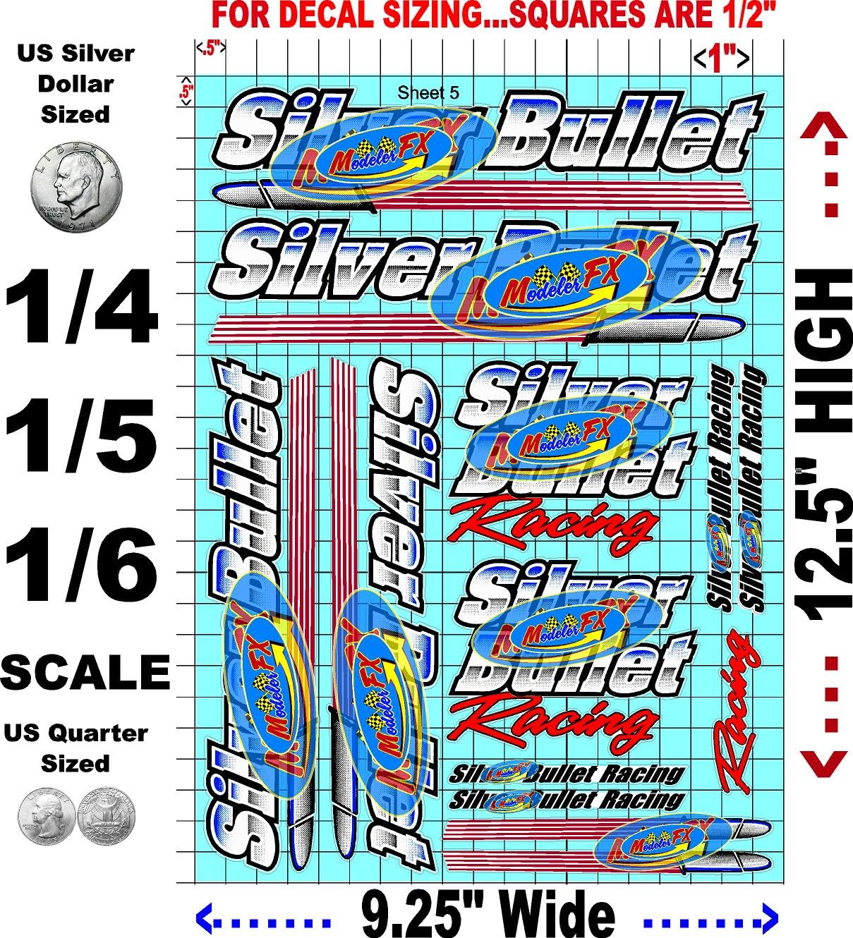 White Vinyl Sheet 5 Bullet R/C Racing Sponsor Sticker Gang Sheet Wrench-1/4-1/5–1/6th Scale Model Decal Sticker Sheet Radio Control Lexan Body-Die-Cut to Shape-Peel & Stick–Water Slide-Car