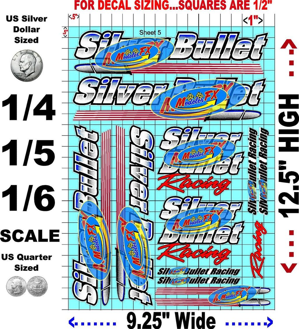 Clear Sheet Clear 5 Bullet Vinyl R/C Racing Sponsor Sticker Gang Sheet-1/4-1/5-1/6th Scale Decal Sticker Radio Control Lexan Body�Die-Cut to Shape-Peel & Stick�Water Slide