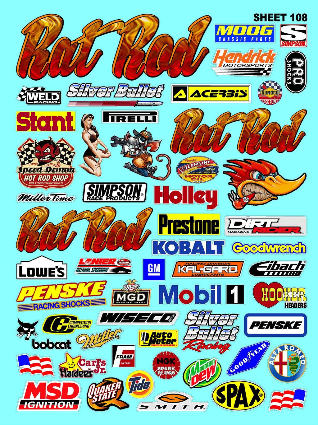 White Vinyl Sheet 108 Rat Rod R/C Racing Sponsor Sticker Gang Sheet Wrench-1/4-1/5�1/6th Scale Model Decal Sticker Sheet Radio Control Lexan Body-Die-Cut to Shape-Peel & Stick�Water Slide-Car